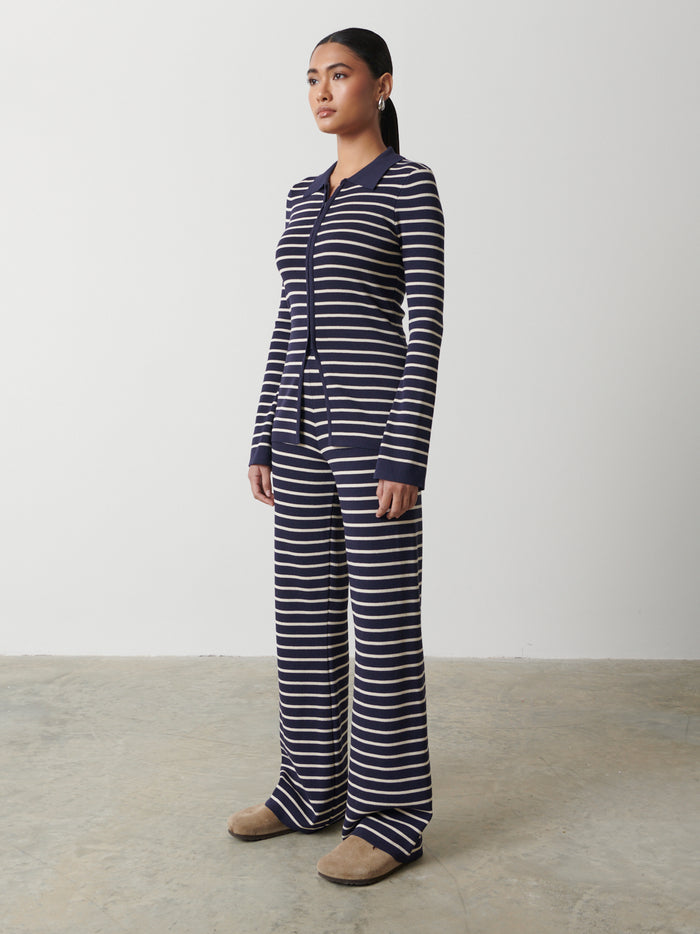 Candy Is 5'6" & Wears Size UK S|Avery Striped Zip Knit Top - Navy and Cream