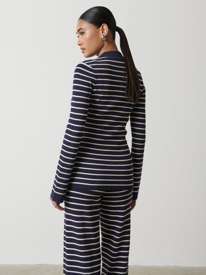 Candy Is 5'6" & Wears Size UK S|Avery Striped Zip Knit Top - Navy and Cream