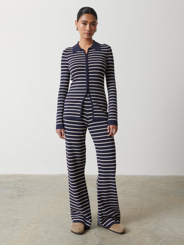 Candy Is 5'6" & Wears Size UK S|Avery Striped Zip Knit Top - Navy and Cream