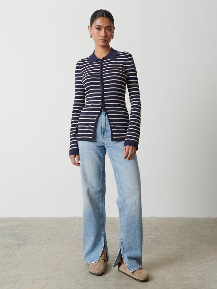 Candy Is 5'6" & Wears Size UK S|Avery Striped Zip Knit Top - Navy and Cream