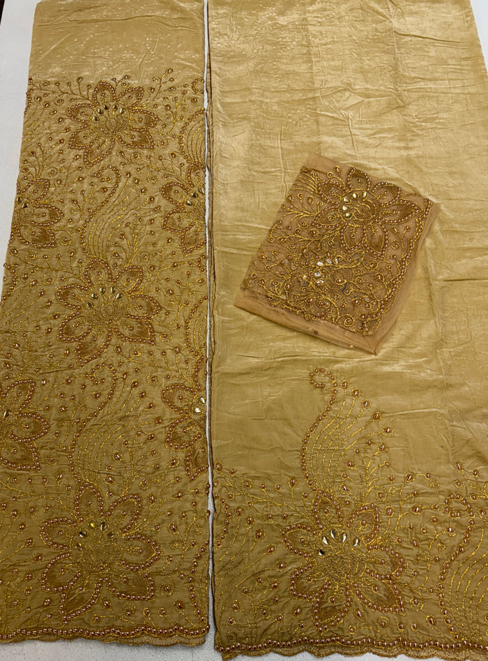 Beaded Indian George Fabric- Gold Velvet with Gold  Heavy Stone Embroidery