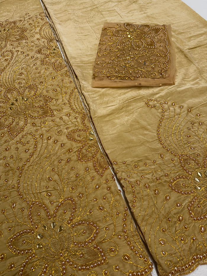Beaded Indian George Fabric- Gold Velvet with Gold  Heavy Stone Embroidery