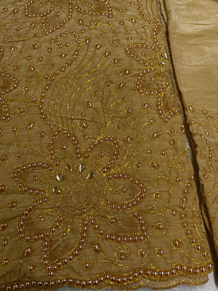 Beaded Indian George Fabric- Gold Velvet with Gold  Heavy Stone Embroidery