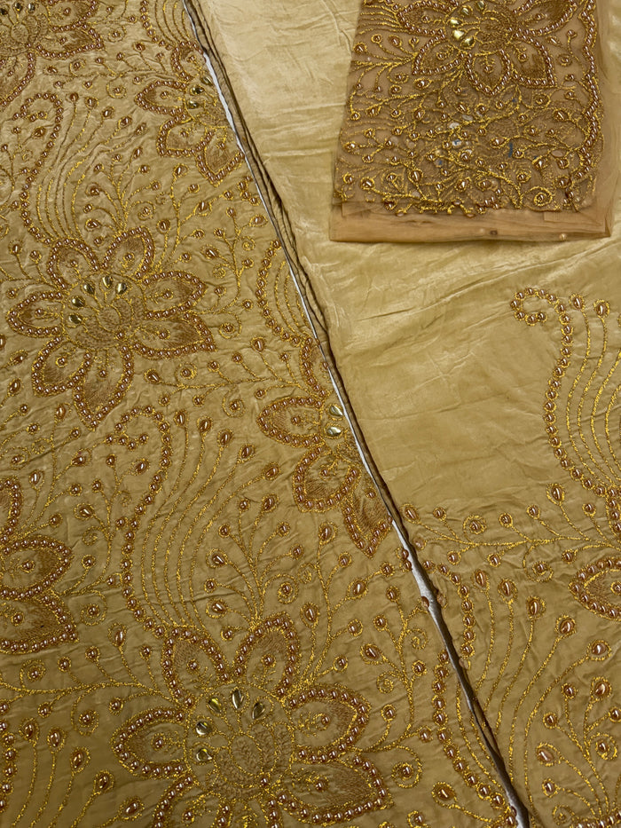 Beaded Indian George Fabric- Gold Velvet with Gold  Heavy Stone Embroidery