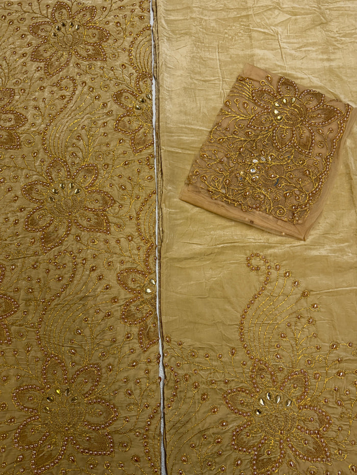 Beaded Indian George Fabric- Gold Velvet with Gold  Heavy Stone Embroidery