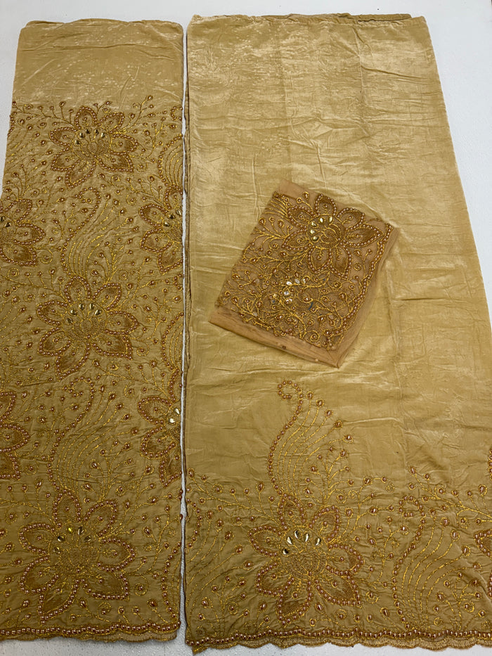 Beaded Indian George Fabric- Gold Velvet with Gold  Heavy Stone Embroidery