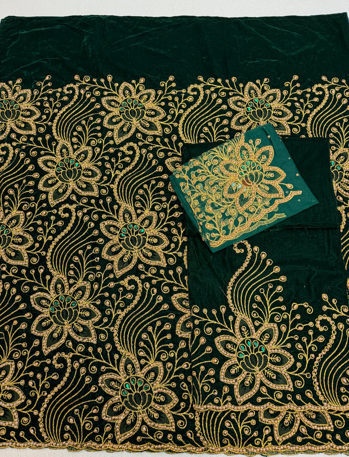 Beaded Indian George Fabric- Green & Gold Velvet George Lace Fabric