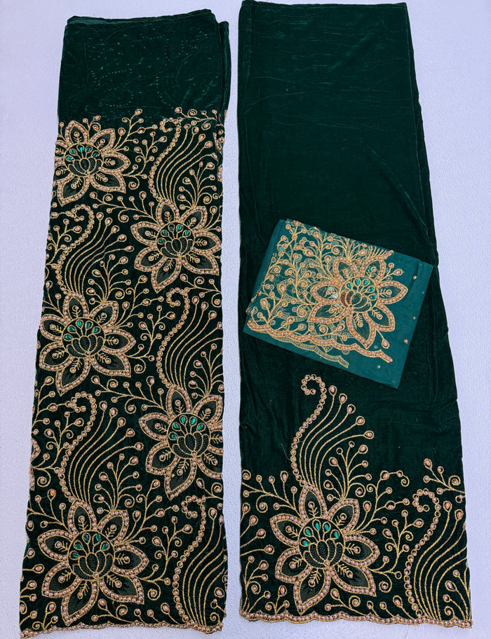 Beaded Indian George Fabric- Green & Gold Velvet George Lace Fabric
