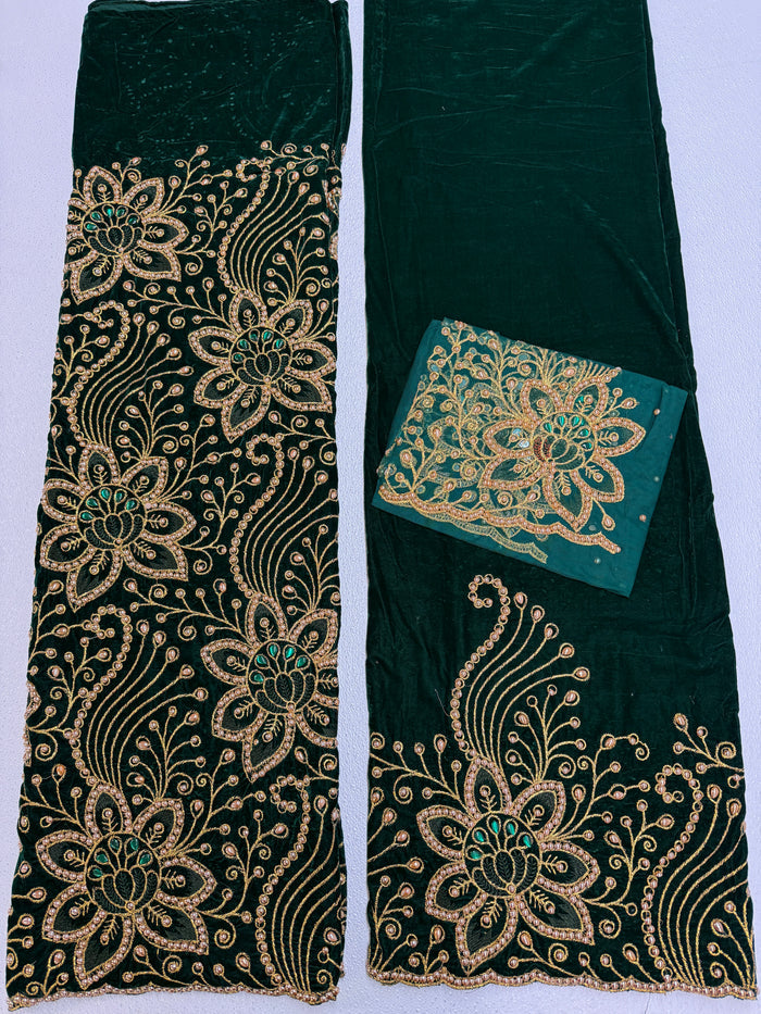 Beaded Indian George Fabric- Green & Gold Velvet George Lace Fabric