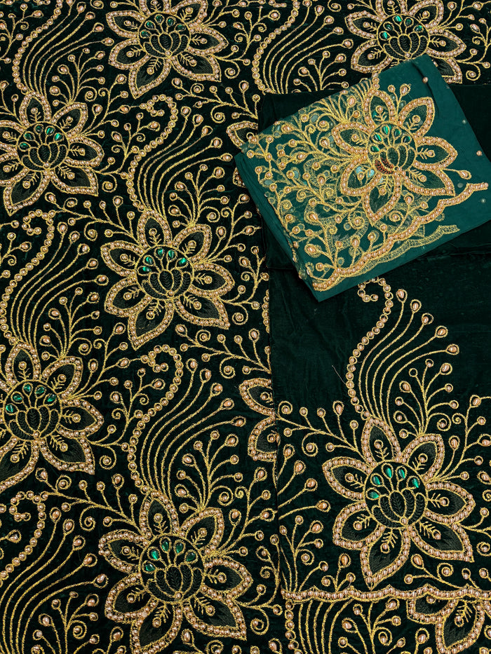 Beaded Indian George Fabric- Green & Gold Velvet George Lace Fabric