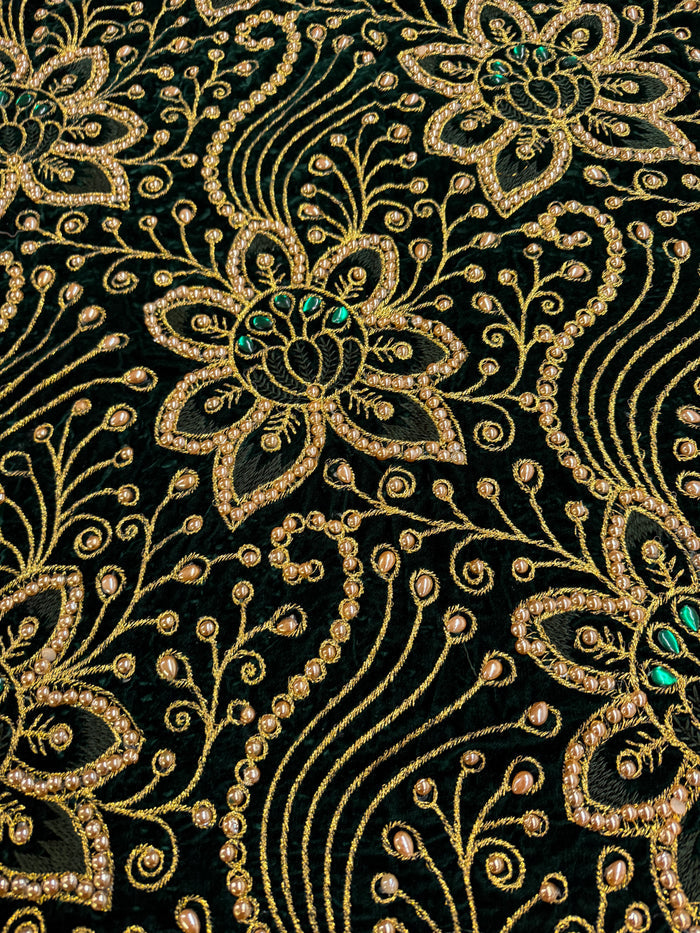 Beaded Indian George Fabric- Green & Gold Velvet George Lace Fabric