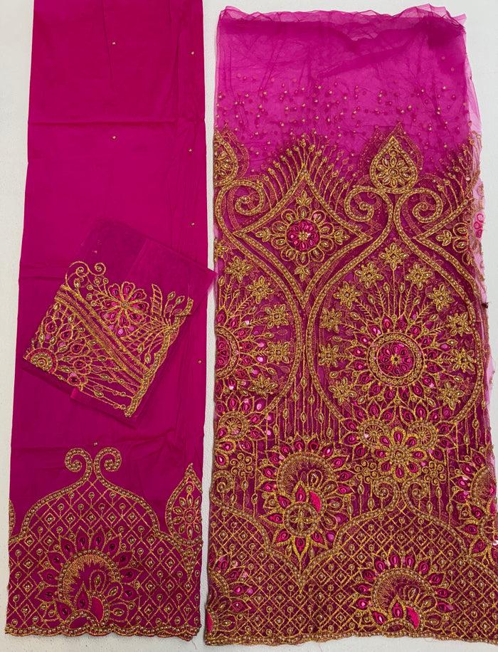 Beaded Indian George Fabric-Fuchsia Pink & Gold Velvet George Lace Fabric Set – 3 Pieces
