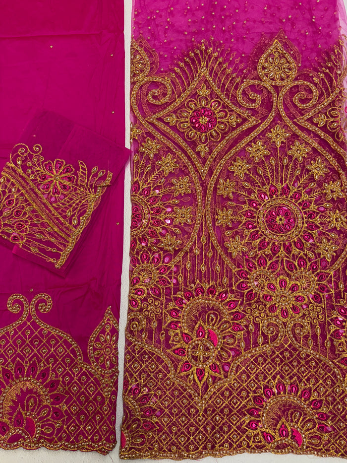 Beaded Indian George Fabric-Fuchsia Pink & Gold Velvet George Lace Fabric Set – 3 Pieces