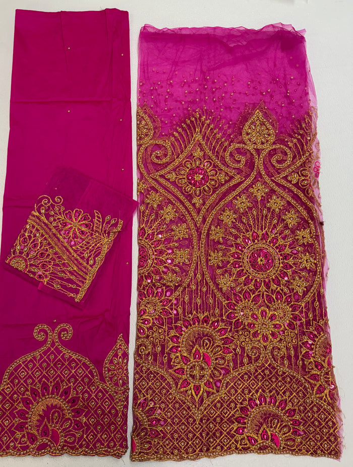 Beaded Indian George Fabric-Fuchsia Pink & Gold Velvet George Lace Fabric Set – 3 Pieces