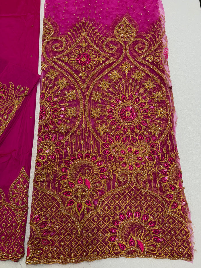 Beaded Indian George Fabric-Fuchsia Pink & Gold Velvet George Lace Fabric Set – 3 Pieces