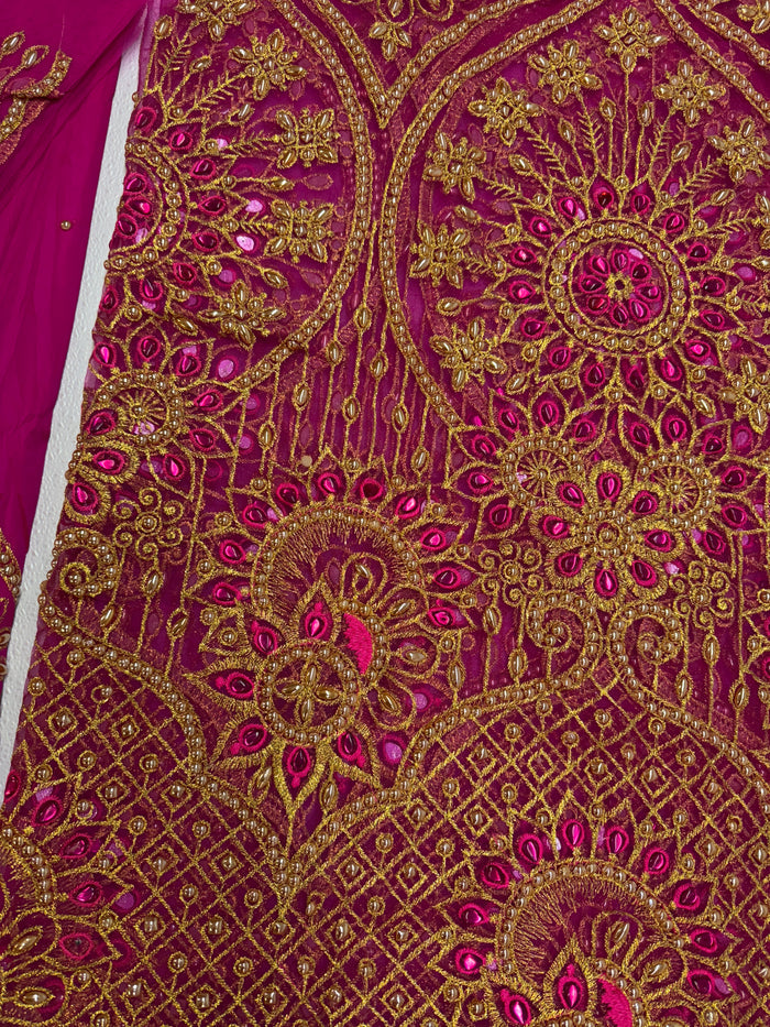 Beaded Indian George Fabric-Fuchsia Pink & Gold Velvet George Lace Fabric Set – 3 Pieces