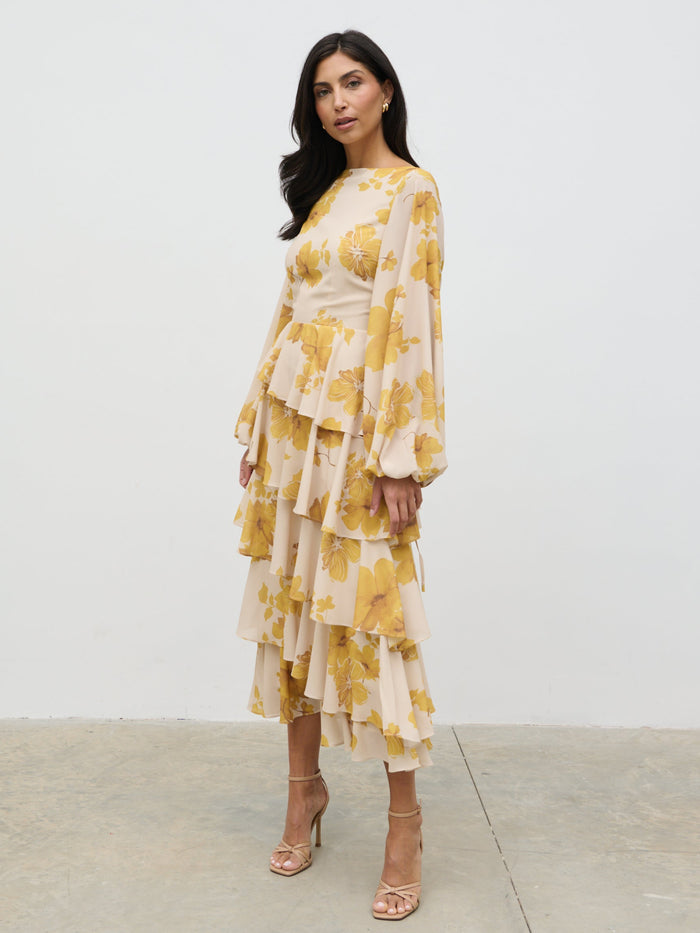 Lygia Is 5'9" & Wears Size UK 8|Beatris Backless Ruffle Midaxi Dress - Yellow Ochre Floral