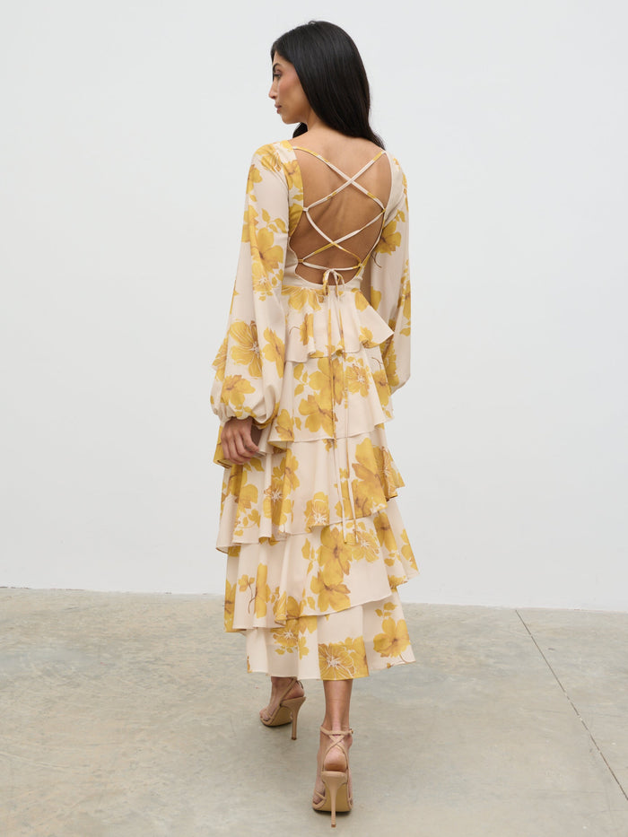Lygia Is 5'9" & Wears Size UK 8|Beatris Backless Ruffle Midaxi Dress - Yellow Ochre Floral