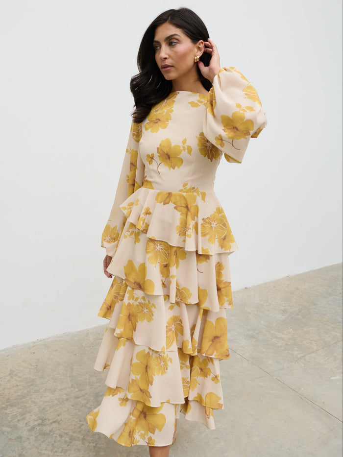 Lygia Is 5'9" & Wears Size UK 8|Beatris Backless Ruffle Midaxi Dress - Yellow Ochre Floral