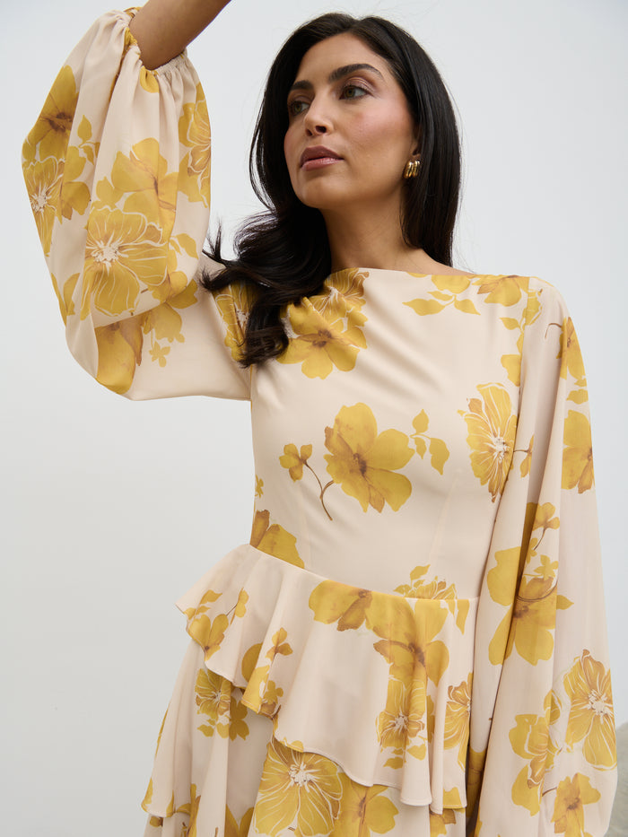 Lygia Is 5'9" & Wears Size UK 8|Beatris Backless Ruffle Midaxi Dress - Yellow Ochre Floral