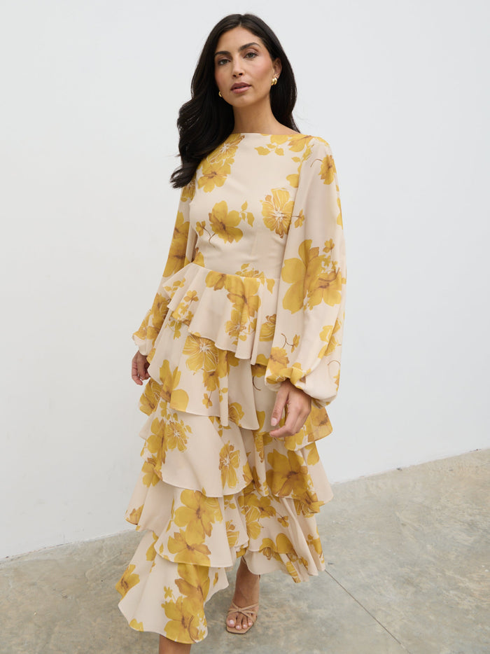 Lygia Is 5'9" & Wears Size UK 8|Beatris Backless Ruffle Midaxi Dress - Yellow Ochre Floral