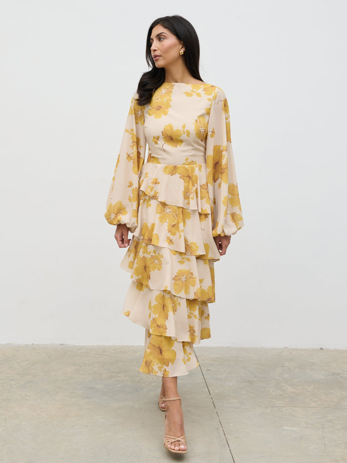 Lygia Is 5'9" & Wears Size UK 8|Beatris Backless Ruffle Midaxi Dress - Yellow Ochre Floral