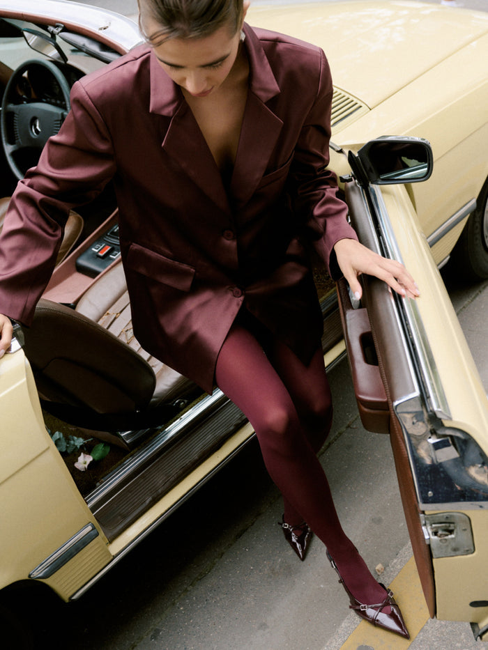 Candy Is 5'6" & Wears Size UK 8|Beck Satin Oversized Dad Blazer - Deep Wine