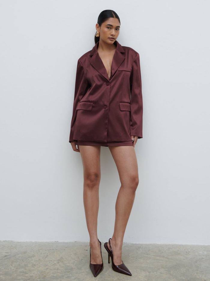 Candy Is 5'6" & Wears Size UK 8|Beck Satin Oversized Dad Blazer - Deep Wine