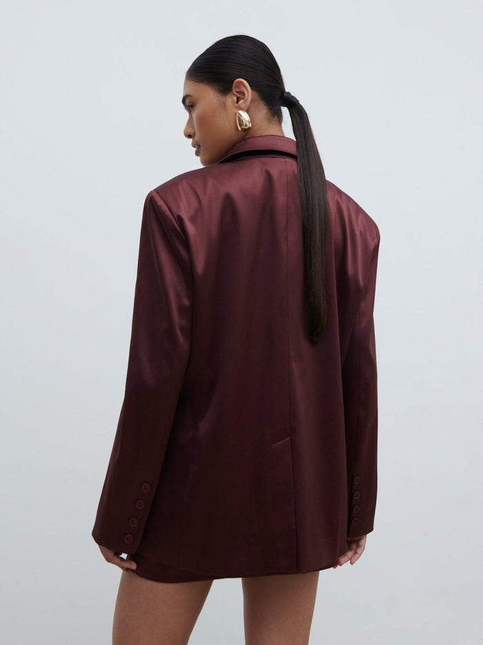 Candy Is 5'6" & Wears Size UK 8|Beck Satin Oversized Dad Blazer - Deep Wine