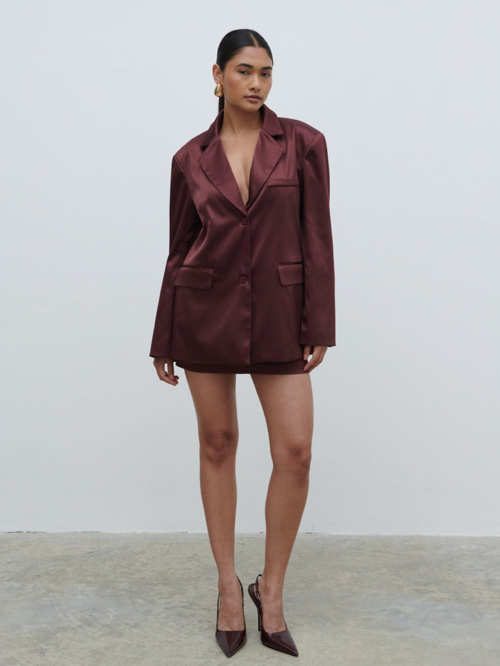 Candy Is 5'6" & Wears Size UK 8|Beck Satin Oversized Dad Blazer - Deep Wine