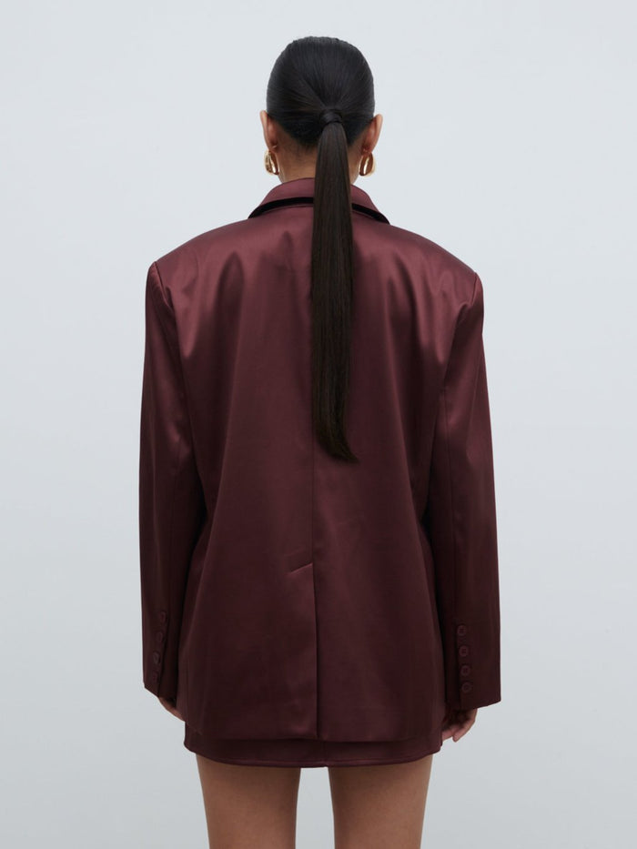 Candy Is 5'6" & Wears Size UK 8|Beck Satin Oversized Dad Blazer - Deep Wine