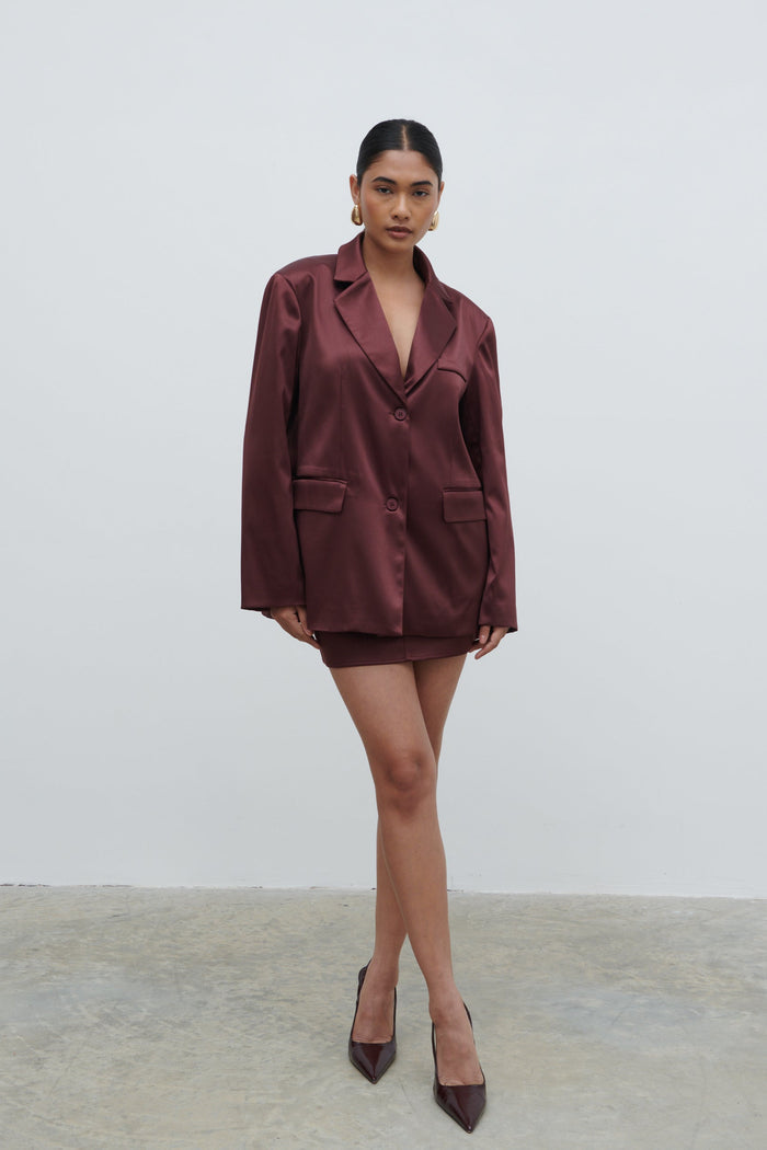 Candy Is 5'6" & Wears Size UK 8|Beck Satin Oversized Dad Blazer - Deep Wine