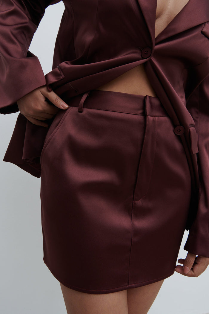 Candy Is 5'6" & Wears Size UK 8|Beck Satin Tailored Micro Mini Skirt - Deep Wine