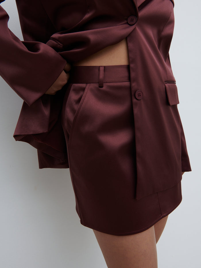 Candy Is 5'6" & Wears Size UK 8|Beck Satin Tailored Micro Mini Skirt - Deep Wine