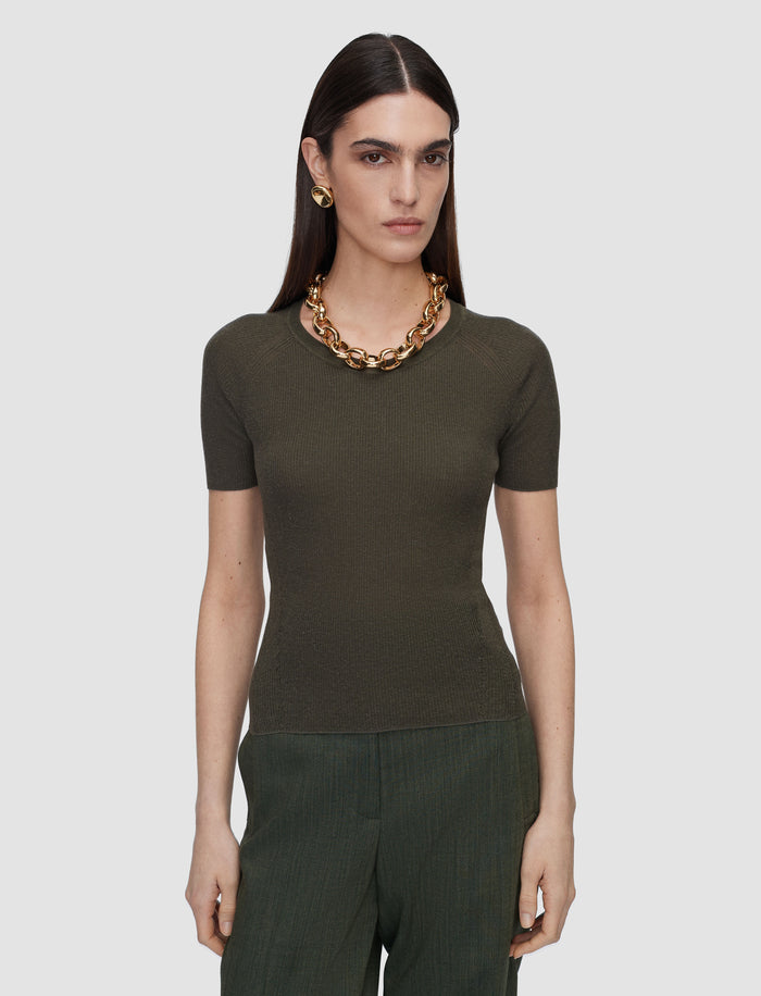 Green Belarb Sheer Linen Blend Knit T-Shirt - Joseph