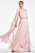 BELLADONNA PEACH SILK CHIFFON CAPE A-LINE GOWN