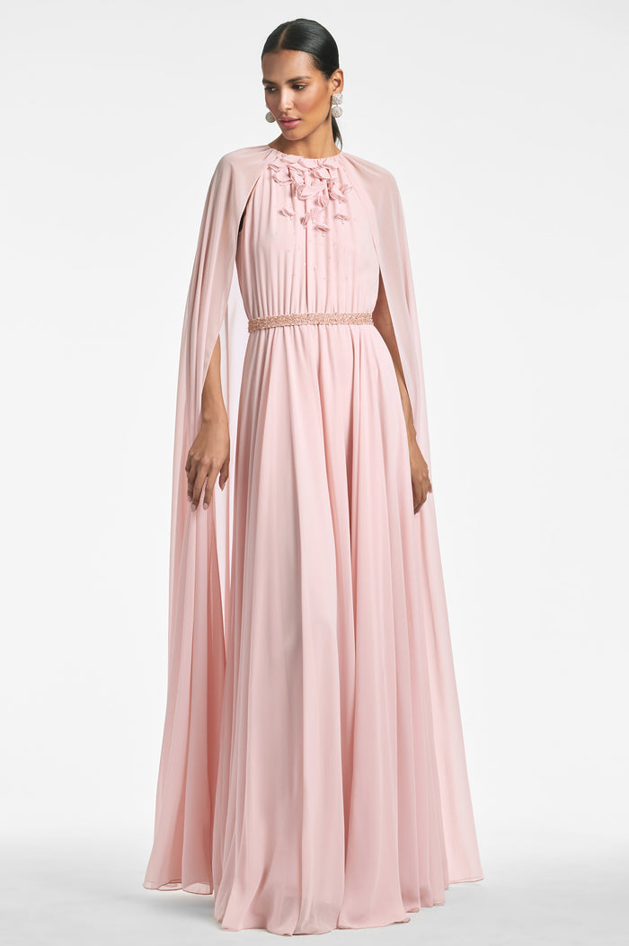 BELLADONNA PEACH SILK CHIFFON CAPE A-LINE GOWN