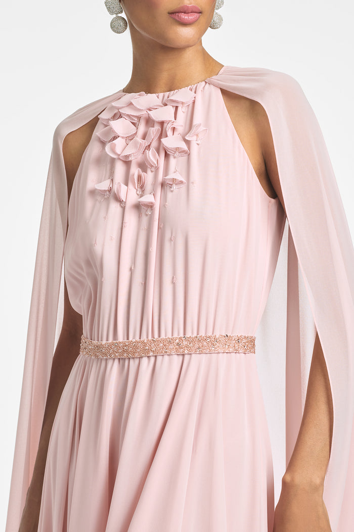 BELLADONNA PEACH SILK CHIFFON CAPE A-LINE GOWN