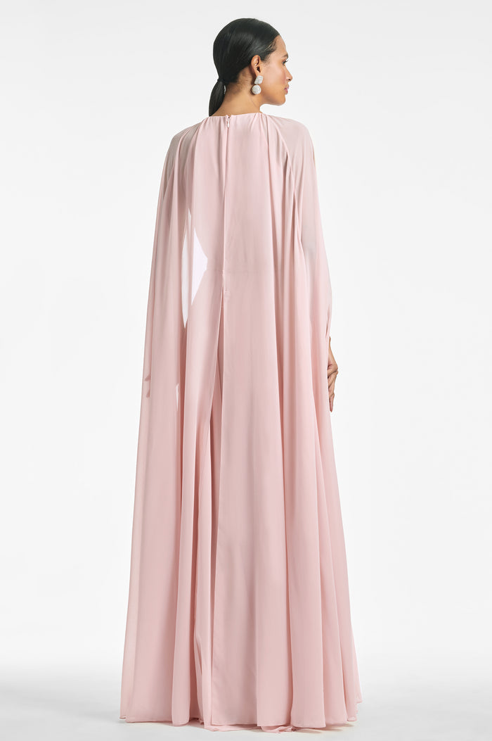 BELLADONNA PEACH SILK CHIFFON CAPE A-LINE GOWN