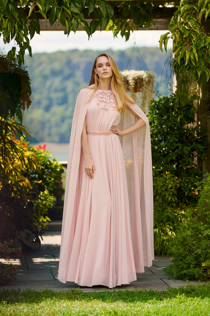 BELLADONNA PEACH SILK CHIFFON CAPE A-LINE GOWN