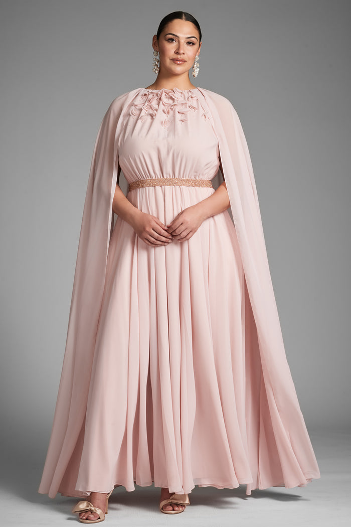 BELLADONNA PEACH SILK CHIFFON CAPE A-LINE GOWN