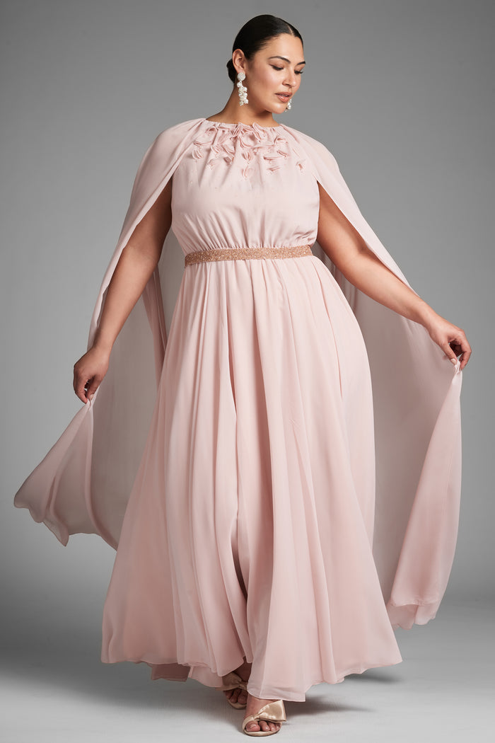 BELLADONNA PEACH SILK CHIFFON CAPE A-LINE GOWN