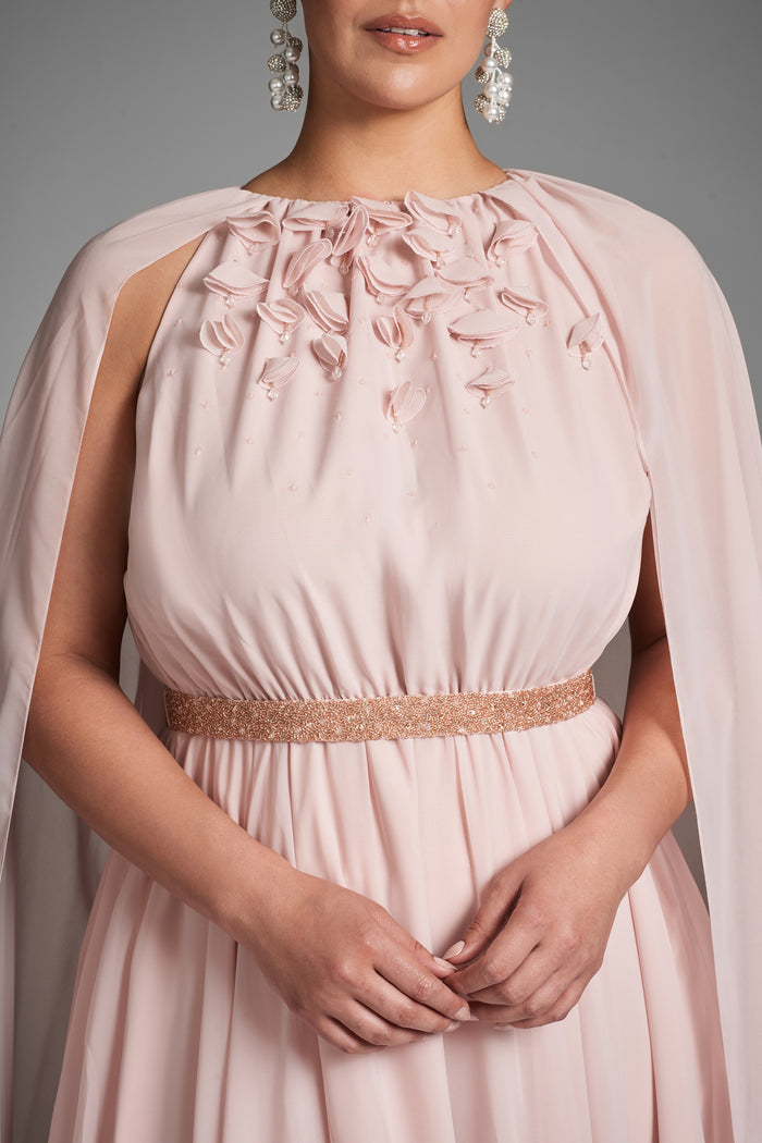 BELLADONNA PEACH SILK CHIFFON CAPE A-LINE GOWN