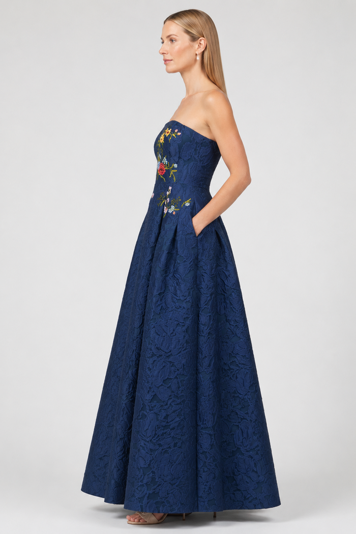 BELLE MIDNIGHT BLUE EMBROIDERED A-LINE GOWN - FINAL SALE