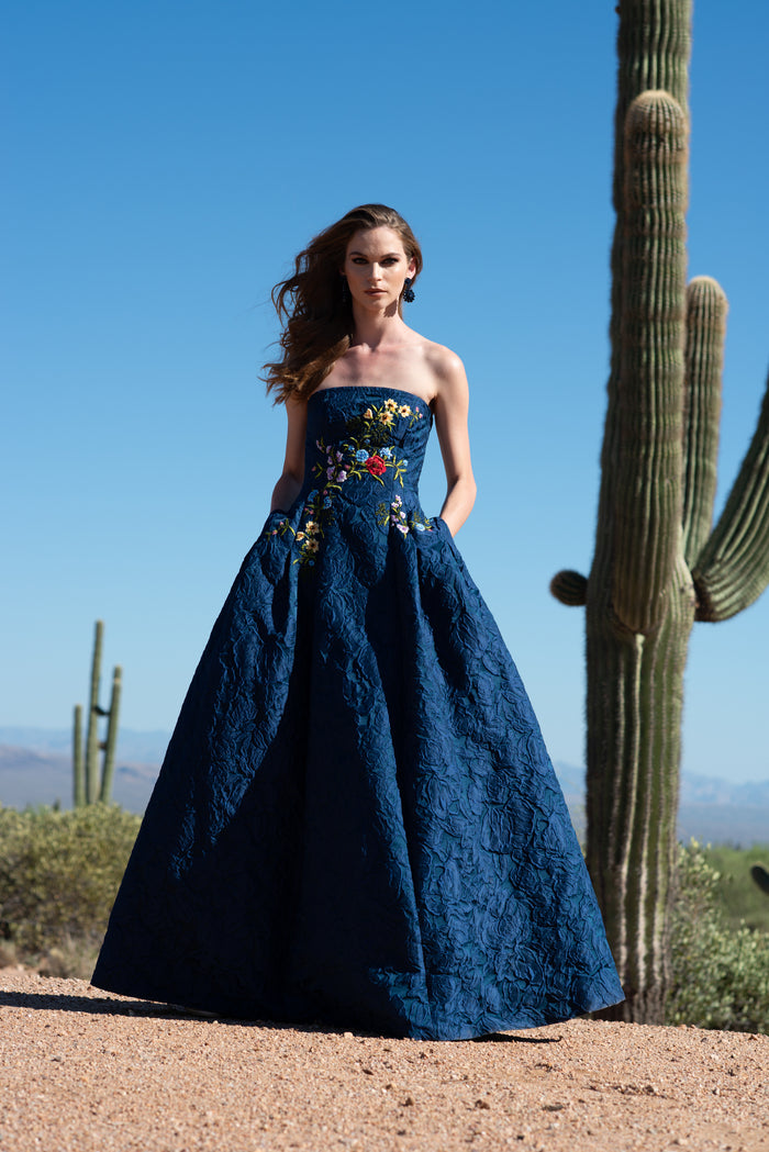BELLE MIDNIGHT BLUE EMBROIDERED A-LINE GOWN - FINAL SALE