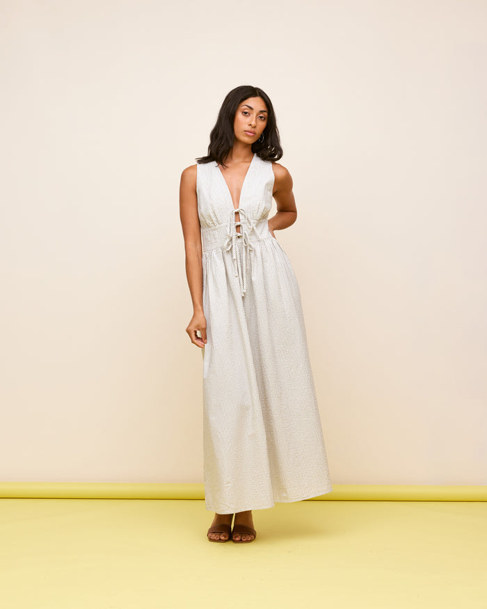 BENNY TIE DRESS WHITE NAVY STRIPE