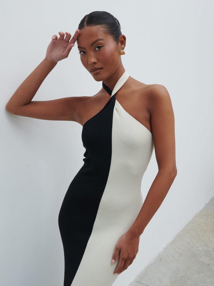 Elle Is 5'3" & Wears Size UK XS|Berkley Contrast Knit Maxi Dress - Cream and Black