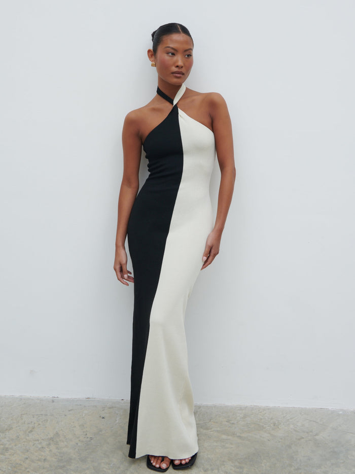 Elle Is 5'3" & Wears Size UK XS|Berkley Contrast Knit Maxi Dress - Cream and Black