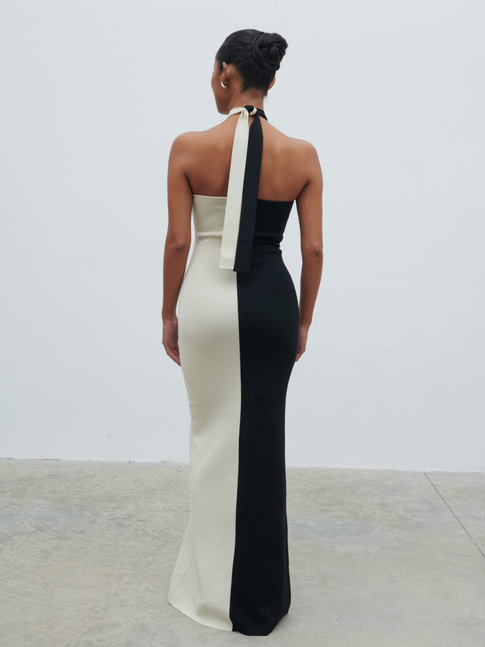 Elle Is 5'3" & Wears Size UK XS|Berkley Contrast Knit Maxi Dress - Cream and Black