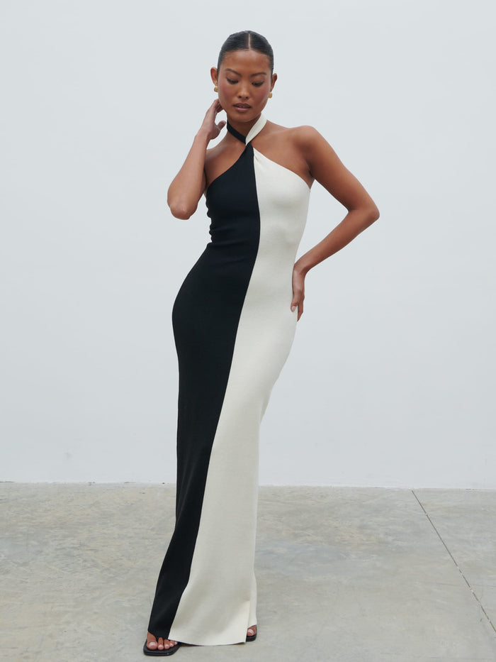 Elle Is 5'3" & Wears Size UK XS|Berkley Contrast Knit Maxi Dress - Cream and Black